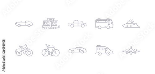simple gray 10 vector icons set such as aeroplane, airport shuttle, automobile, bicycle, bike, boat, bus. editable vector icon pack