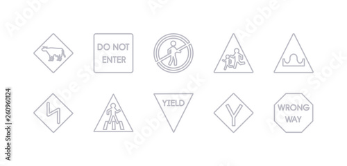 simple gray 10 vector icons set such as wrong way, y intersection, yield, zebra crossing, zig zag, hump or rough, school ahead. editable vector icon pack