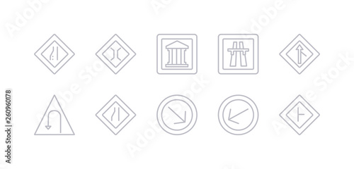 simple gray 10 vector icons set such as intersection, keep left, keep right, lane, left hair pin, merging, motorway. editable vector icon pack