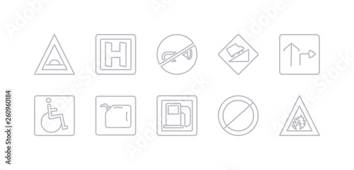 simple gray 10 vector icons set such as fire, forbidden, gas station, gasoline, handicap, highway, hill. editable vector icon pack