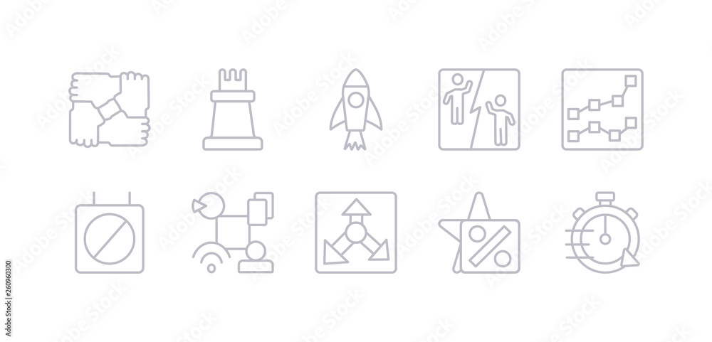 simple gray 10 vector icons set such as quick, rate, reaction, resources, restrict, rise, rivalry. editable vector icon pack