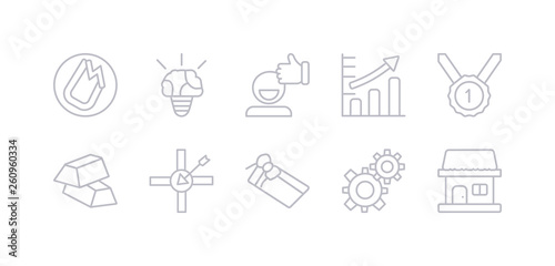 simple gray 10 vector icons set such as franchise, gears, gift voucher, goal, gold ingots, gold medal, grow. editable vector icon pack