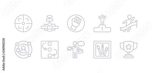 simple gray 10 vector icons set such as cup, de, entrepreneur, exchanging, experience, finish line, first. editable vector icon pack