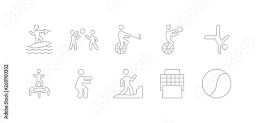 simple gray 10 vector icons set such as tennis ball, tennis court, trail running, training, trampolining, tumbling, unicycling handball. editable vector icon pack