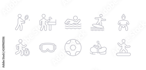 simple gray 10 vector icons set such as snowboarding, snowmobile sport, soccer ball, sport goggles, sprint, sumo, surf. editable vector icon pack
