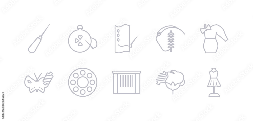 simple gray 10 vector icons set such as hand craft, cotton reel, handloom, bobbin, silk, styling, suture. editable vector icon pack