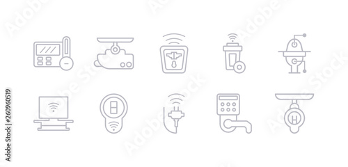 simple gray 10 vector icons set such as smart lamp, smart lock, smart plug, switch, television, toilet, trash. editable vector icon pack