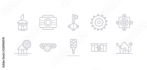 simple gray 10 vector icons set such as alarm system, automated door, car key, cd player, control panel, cooler, dimmer. editable vector icon pack