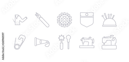simple gray 10 vector icons set such as new sewing machine, old sewing machine, overstitch, paint tube, pin, pin cushion, pocket. editable vector icon pack