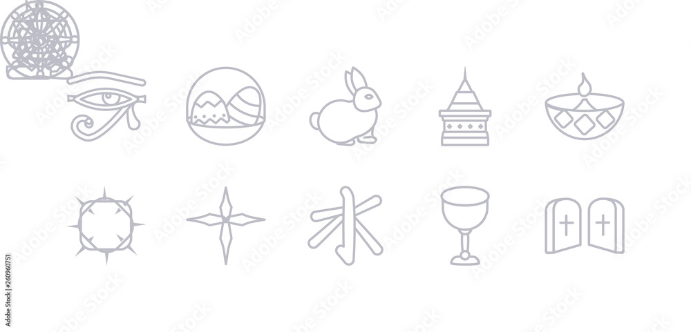 simple gray 10 vector icons set such as commandments, communion, confucianism, cross, crown of thorns, diwali, doi suthep. editable vector icon pack simple gray 10 vector icons set such as commandments, communion, confucianism, cross, crown of thorns, diwali, doi suthep. editable vector icon pack