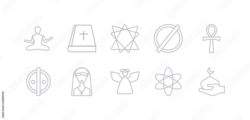 simple gray 10 vector icons set such as abrahamic, agnosticism, angel, anglican, animism, ankh, atheism. editable vector icon pack