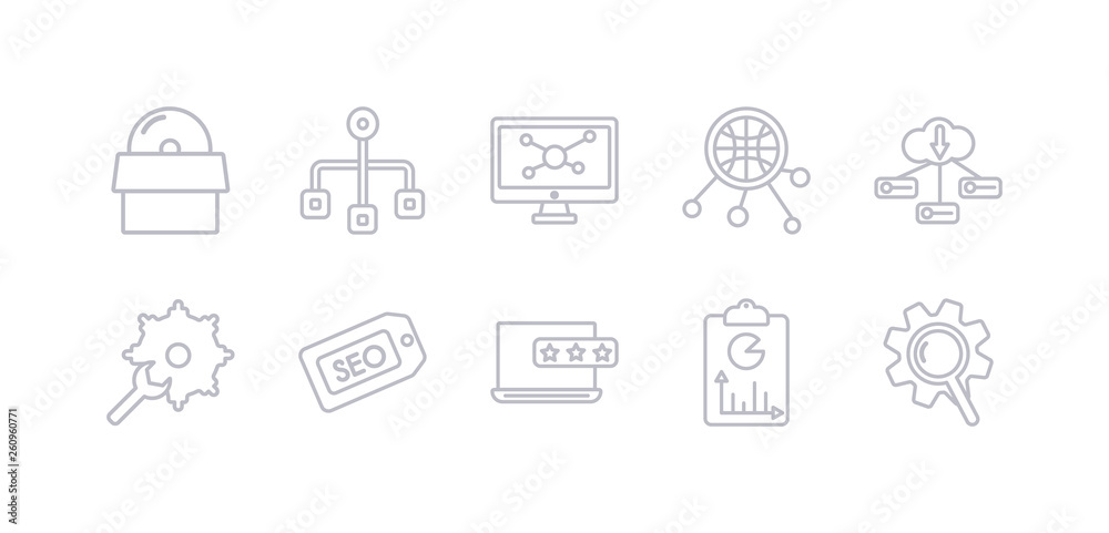 simple gray 10 vector icons set such as seo ranking, seo report, seo reputation, tags, tools, server, sharing. editable vector icon pack simple gray 10 vector icons set such as seo ranking, seo report, seo reputation, tags, tools, server, sharing. editable vector icon pack