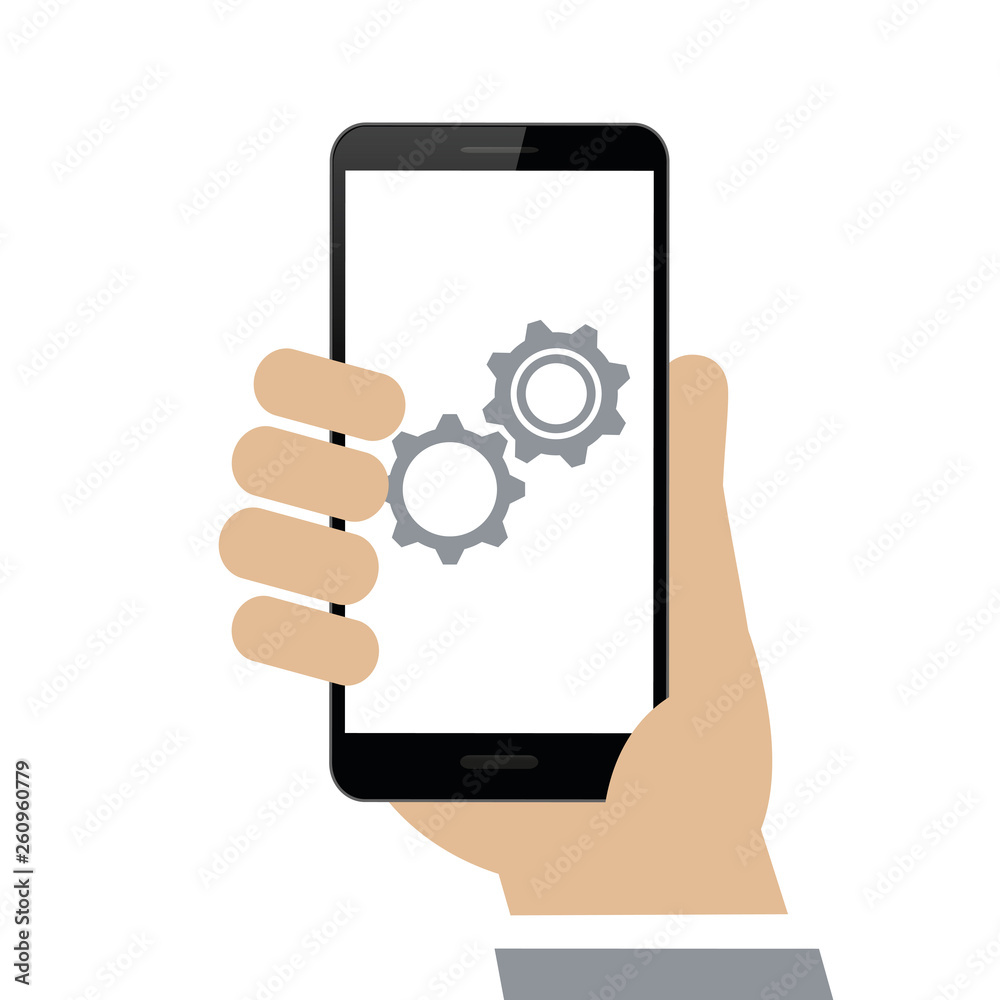 hand holds smartphone update gears on display isolated on white background vector illustration EPS10
