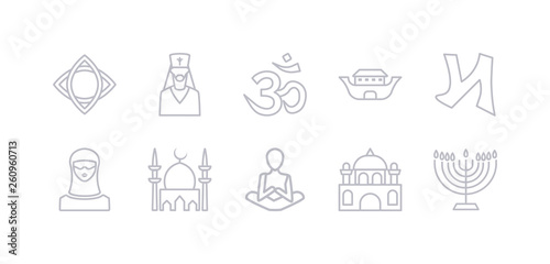 simple gray 10 vector icons set such as menorah, monastery, monk, mosque, muslim, nihilism, noah ark. editable vector icon pack