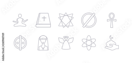 simple gray 10 vector icons set such as abrahamic, agnosticism, angel, anglican, animism, ankh, atheism. editable vector icon pack