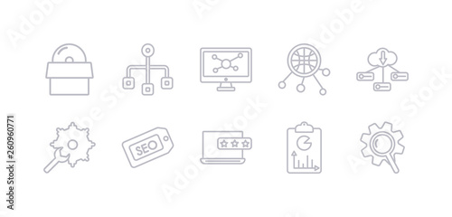 simple gray 10 vector icons set such as seo ranking, seo report, seo reputation, tags, tools, server, sharing. editable vector icon pack