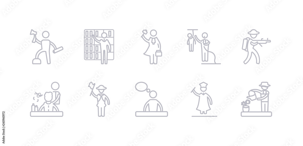 simple gray 10 vector icons set such as florist, graduated, graphic de, guide, hairdresser, hunter, journalist. editable vector icon pack