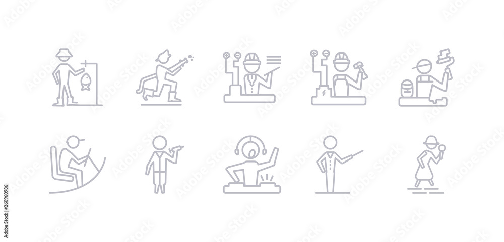 simple gray 10 vector icons set such as detective, director, dj, doctor, driver, dyer, electrician. editable vector icon pack simple gray 10 vector icons set such as detective, director, dj, doctor, driver, dyer, electrician. editable vector icon pack