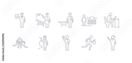 simple gray 10 vector icons set such as telemarketer, thief, waiter, welder, wrestling, writer, software developer. editable vector icon pack
