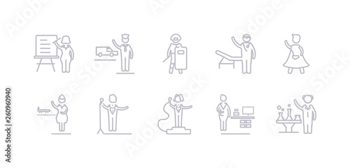 simple gray 10 vector icons set such as scientist, secretary, showman, singer, stewardess, superhero, surgeon. editable vector icon pack