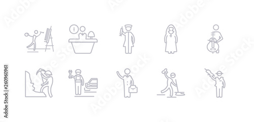 simple gray 10 vector icons set such as mafia  maid  manager  mechanic  miner  musician  nun. editable vector icon pack