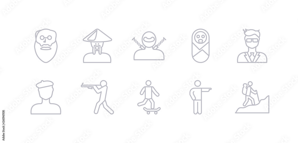 simple gray 10 vector icons set such as man in hike, man pointing, man riding skateboarding, shooting, with beret, manager face, newborn. editable vector icon pack simple gray 10 vector icons set such as man in hike, man pointing, man riding skateboarding, shooting, with beret, manager face, newborn. editable vector icon pack