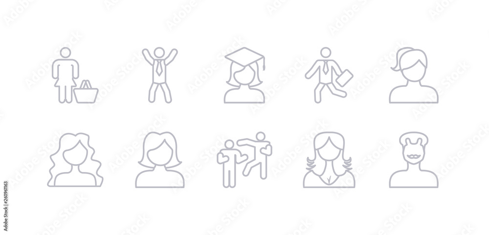 simple gray 10 vector icons set such as father face, female user management, fighting, girl face, girl face with long hair, girl with ponytails, going to work. editable vector icon pack