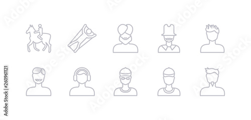 simple gray 10 vector icons set such as man face with goatee, man face with hat, man face with hat and sunglasses, headphones, moustache, spiky hair, top hat. editable vector icon pack
