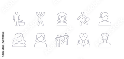 simple gray 10 vector icons set such as father face, female user management, fighting, girl face, girl face with long hair, girl with ponytails, going to work. editable vector icon pack