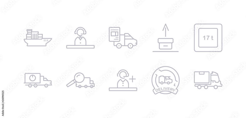 simple gray 10 vector icons set such as shipping, stamp, support, tracking, delivery truck, weight limit, unpacking. editable vector icon pack simple gray 10 vector icons set such as shipping, stamp, support, tracking, delivery truck, weight limit, unpacking. editable vector icon pack
