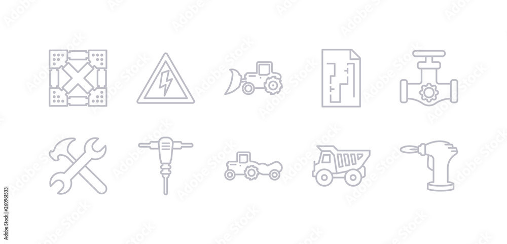simple gray 10 vector icons set such as blowtorch, dumper, scraper, jackhammer, spanner, gas pipe, construction plan. editable vector icon pack simple gray 10 vector icons set such as blowtorch, dumper, scraper, jackhammer, spanner, gas pipe, construction plan. editable vector icon pack