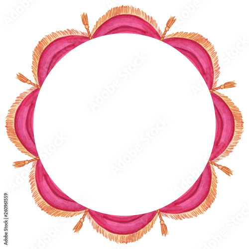 Watercolor round frame with red circus curtain. Isolated on white background. Hand drawn