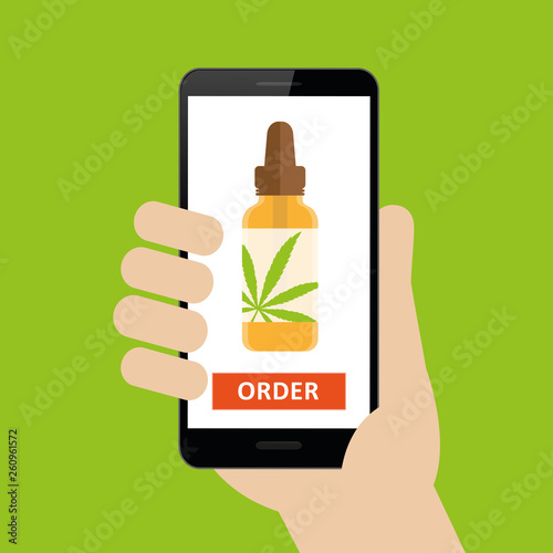 person ordered cannabis cbd oil online via smartphone isolated on white background vector illustration EPS10