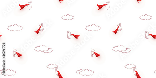 Superheroes flying on cloudy sky background. Team of super heroes. Vector people with red capes seamless patern for Happy Father's Day greeting card design.