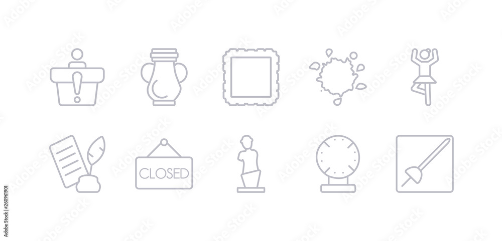 simple gray 10 vector icons set such as museum fencing, porcelain, venus de milo, closed, poetry, ballet, ink. editable vector icon pack simple gray 10 vector icons set such as museum fencing, porcelain, venus de milo, closed, poetry, ballet, ink. editable vector icon pack