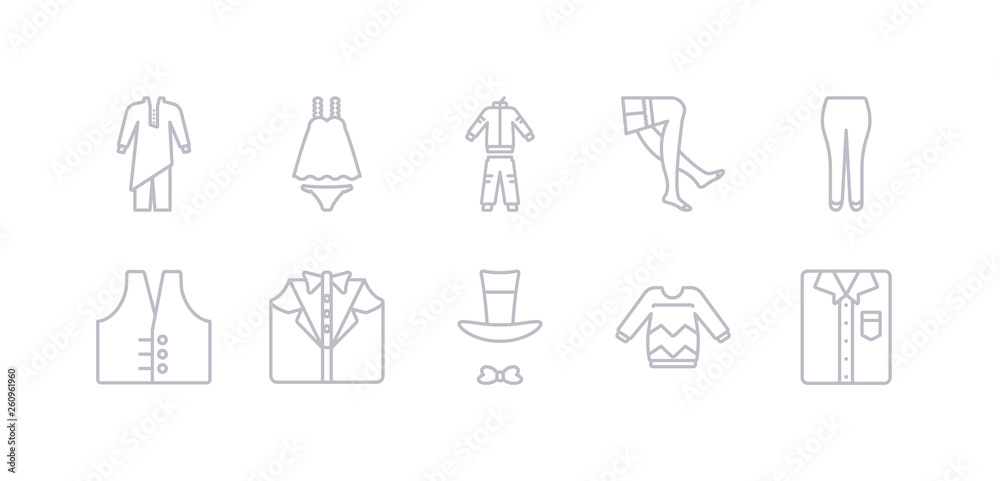 simple gray 10 vector icons set such as shirt, sweater, top hat, tuxedo, vest, briefs, stockings. editable vector icon pack simple gray 10 vector icons set such as shirt, sweater, top hat, tuxedo, vest, briefs, stockings. editable vector icon pack