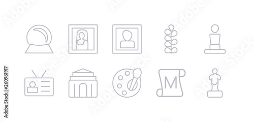 simple gray 10 vector icons set such as statue, paper scroll, palette, antic architecture, visitor, bust, botanical. editable vector icon pack