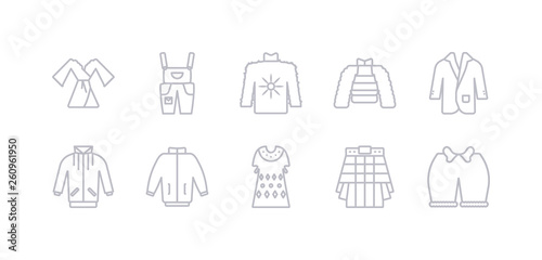 simple gray 10 vector icons set such as knickers, kilt, kaftan, windbreaker, jogging jacket, suit jacket, puffer jacket. editable vector icon pack