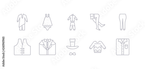 simple gray 10 vector icons set such as shirt, sweater, top hat, tuxedo, vest, briefs, stockings. editable vector icon pack