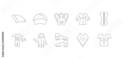 simple gray 10 vector icons set such as t-shirt, shawl, soccer shoe, parka, pijama, corset, housecoat. editable vector icon pack