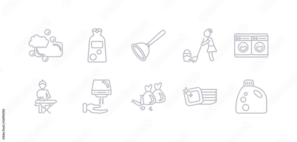 simple gray 10 vector icons set such as detergent, dishes, garbage, hand dryer, ironing, laundry, mop. editable vector icon pack simple gray 10 vector icons set such as detergent, dishes, garbage, hand dryer, ironing, laundry, mop. editable vector icon pack