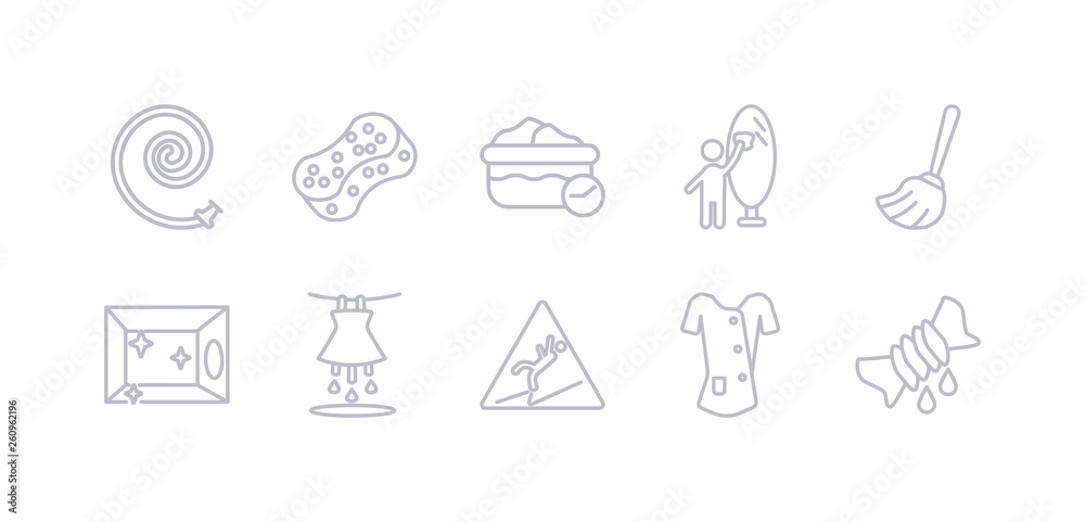 simple gray 10 vector icons set such as squeeze, cleaner uniform, slippery, soak, clean room, floor mop, glass cleaning. editable vector icon pack