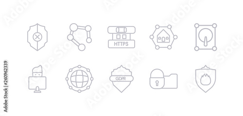 simple gray 10 vector icons set such as firewall, folder security, gdpr shield, global network, hacker, hard disc, home network. editable vector icon pack © CoolVectorStock