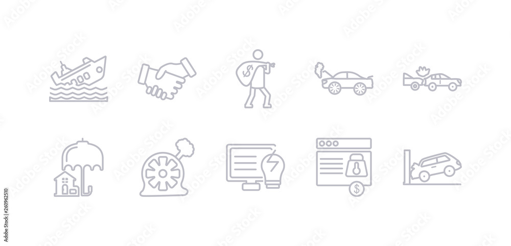 simple gray 10 vector icons set such as parking crash, payment protection, problem electric, puncture in a wheel, real estate insurance, rear end collision, repair. editable vector icon pack simple gray 10 vector icons set such as parking crash, payment protection, problem electric, puncture in a wheel, real estate insurance, rear end collision, repair. editable vector icon pack