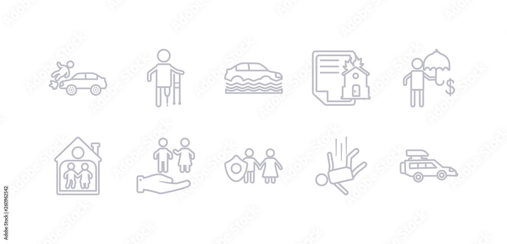 simple gray 10 vector icons set such as excessive weight for the vehicle, falling, familiar insurance, family care, family house, finances, fire insurance. editable vector icon pack simple gray 10 vector icons set such as excessive weight for the vehicle, falling, familiar insurance, family care, family house, finances, fire insurance. editable vector icon pack