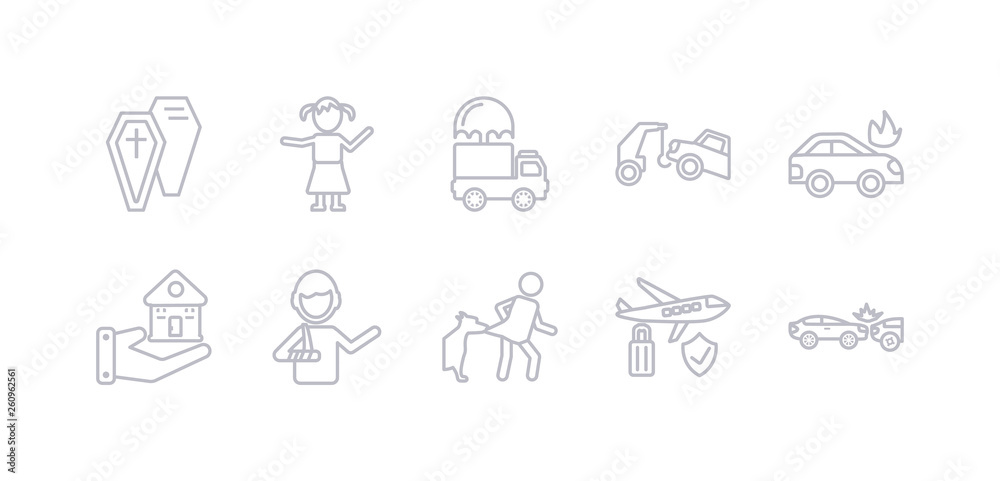simple gray 10 vector icons set such as accident, air travel insurance, bite, broken arm, building insurance, burning car, car insurance. editable vector icon pack