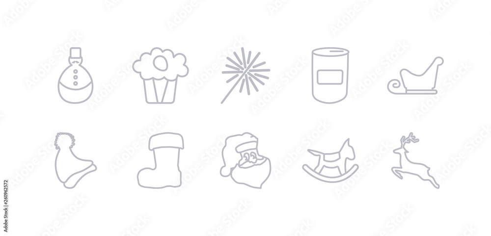 simple gray 10 vector icons set such as reindeer, rocking horse, santa, santa claus boot, santa hat, sleigh, soda. editable vector icon pack