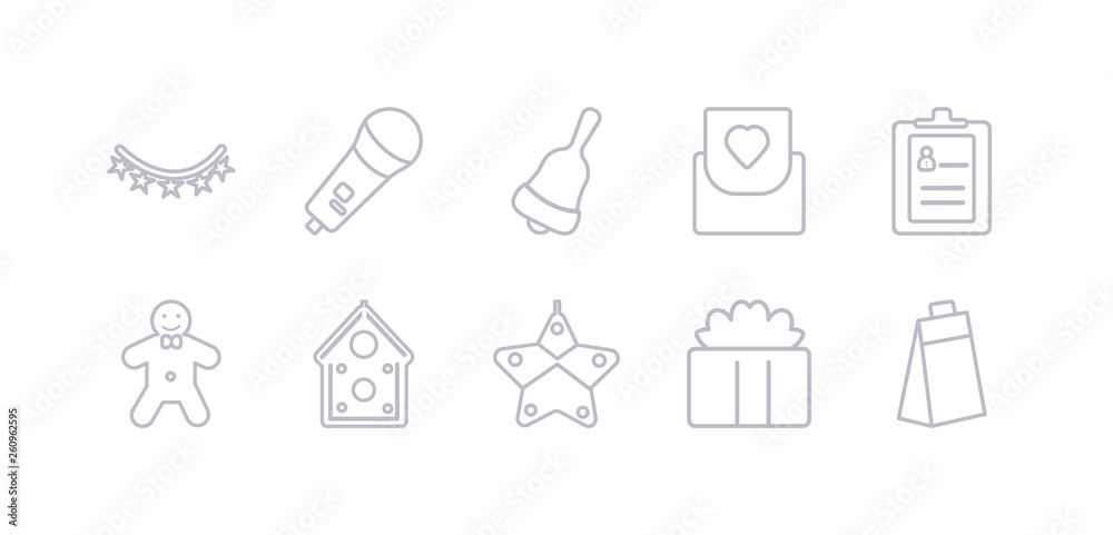 simple gray 10 vector icons set such as gift, gift box, gingerbread, gingerbread house, gingerbread man, guest list, invitation. editable vector icon pack simple gray 10 vector icons set such as gift, gift box, gingerbread, gingerbread house, gingerbread man, guest list, invitation. editable vector icon pack