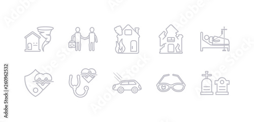 simple gray 10 vector icons set such as funeral  glasses insurance  hail on the car  health insurance  heart insurance  hospitalization  house for storms. editable vector icon pack