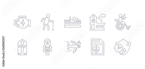 simple gray 10 vector icons set such as long term protection, contract coverage, crash, death, delivery insurance, disabled, disaster. editable vector icon pack